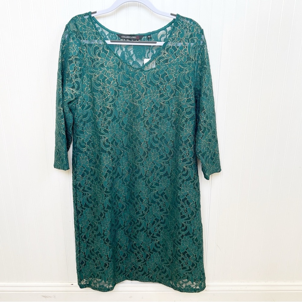Colleen Lopez NEW Emerald Green & Gold Metallic Lace Dress Size XL